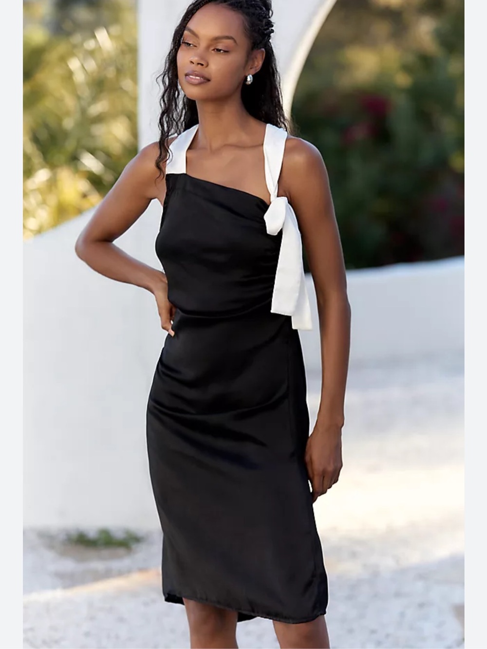 Nwt celandine Black Satin Midi Dress with White Tie Straps